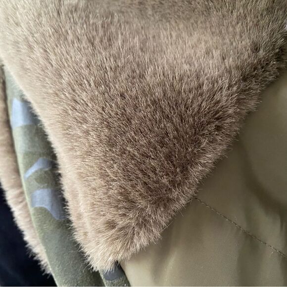 Adrienne Landau olive green faux fur nylon hooded army bomber jacket winter M - Picture 7 of 9